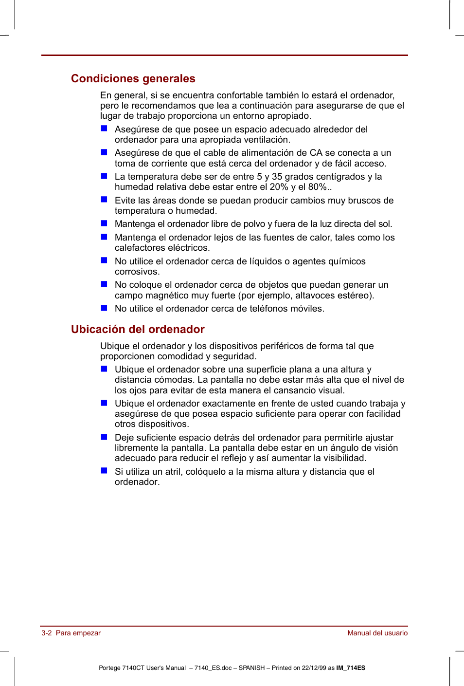 Condiciones generales, Ubicación del ordenador | Toshiba Portege 7140 User Manual | Page 44 / 204