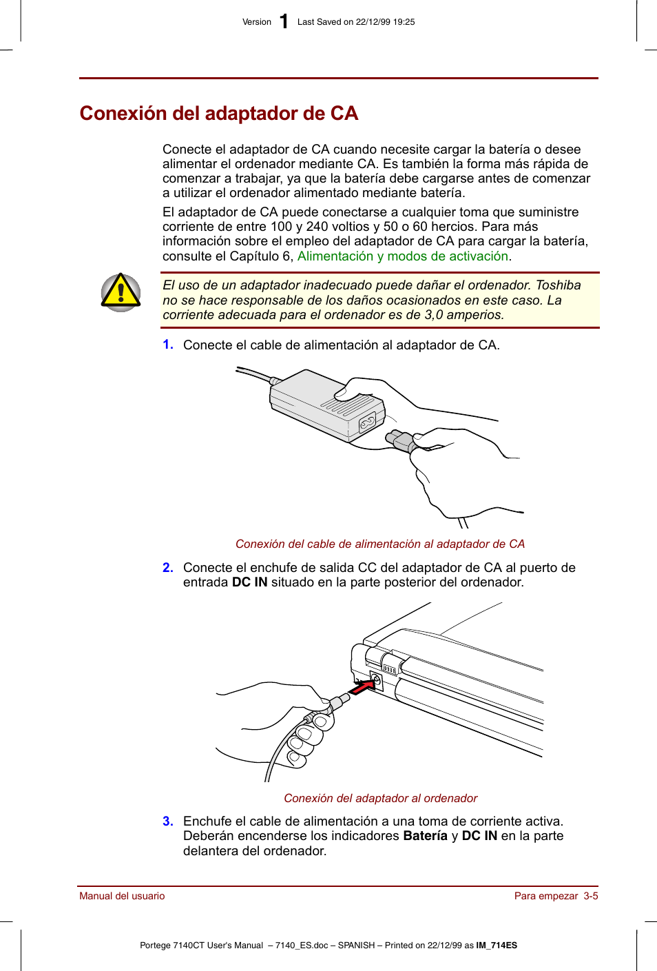 Conexión del adaptador de ca, Conexión del adaptador de ca -5 | Toshiba Portege 7140 User Manual | Page 47 / 204