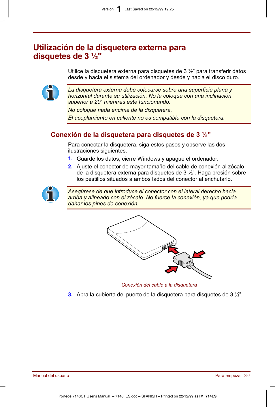 Conexión de la disquetera para disquetes de 3 | Toshiba Portege 7140 User Manual | Page 49 / 204