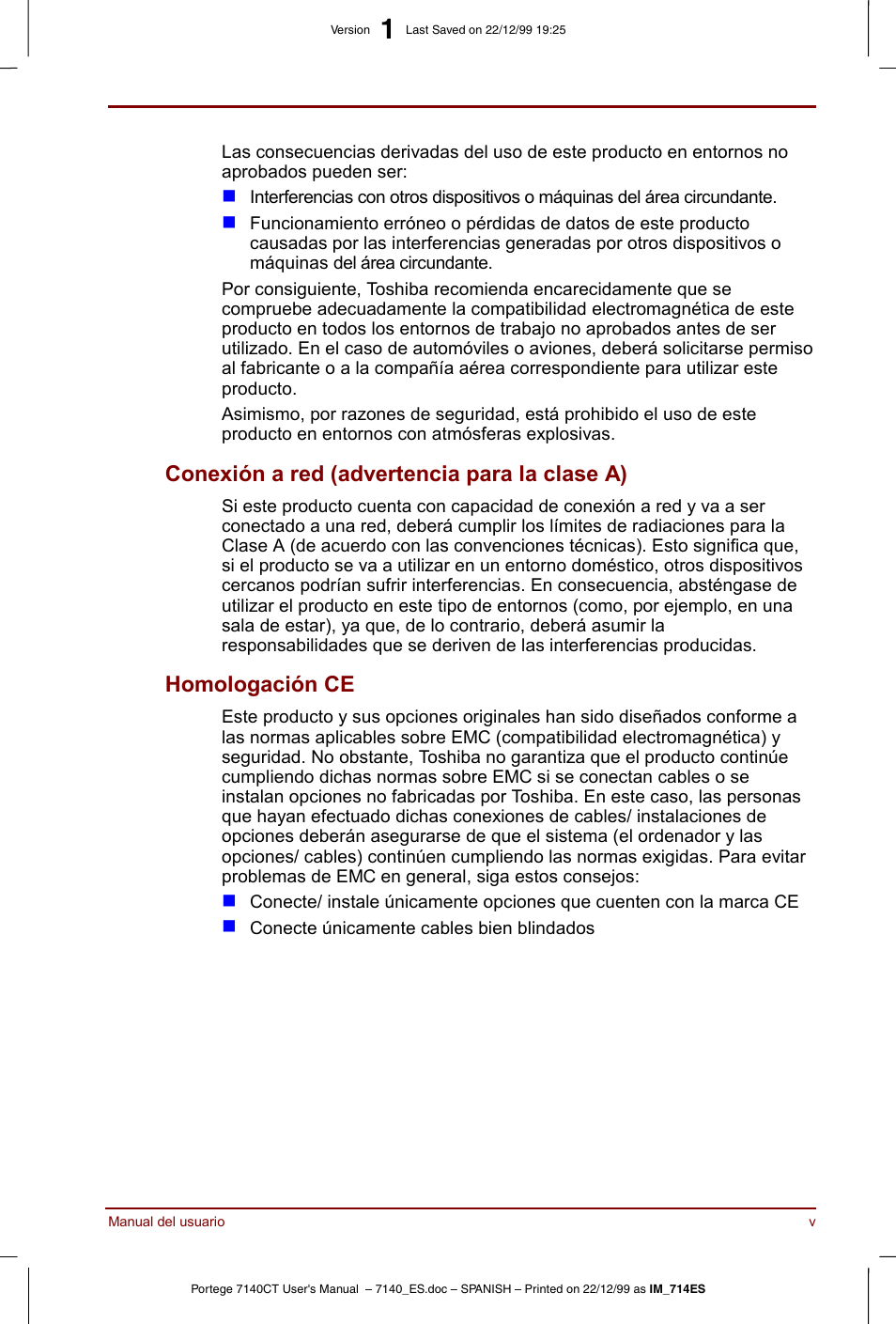 Conexión a red (advertencia para la clase a), Homologación ce | Toshiba Portege 7140 User Manual | Page 5 / 204