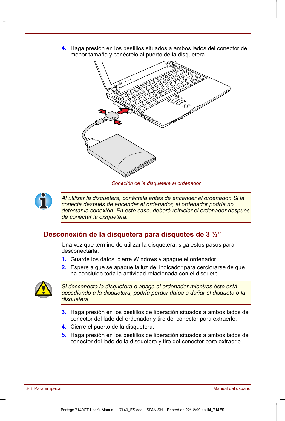 Desconexión de la disquetera para disquetes de 3 | Toshiba Portege 7140 User Manual | Page 50 / 204