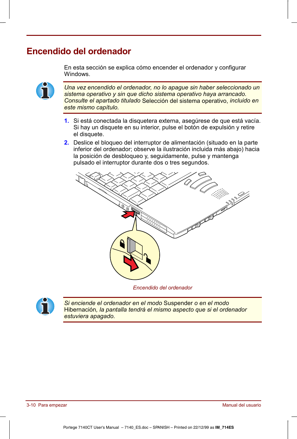 Encendido del ordenador, Encendido del ordenador -10 | Toshiba Portege 7140 User Manual | Page 52 / 204