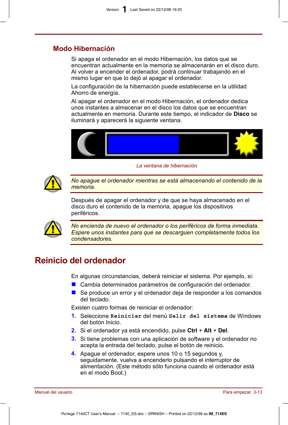 Reinicio del ordenador, Modo hibernación -13, Reinicio del ordenador -13 | Modo hibernación | Toshiba Portege 7140 User Manual | Page 55 / 204