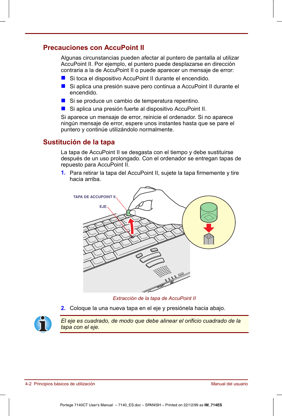 Precauciones con accupoint ii, Sustitución de la tapa | Toshiba Portege 7140 User Manual | Page 58 / 204