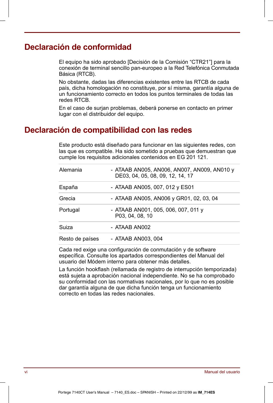 Declaración de conformidad, Declaración de compatibilidad con las redes | Toshiba Portege 7140 User Manual | Page 6 / 204