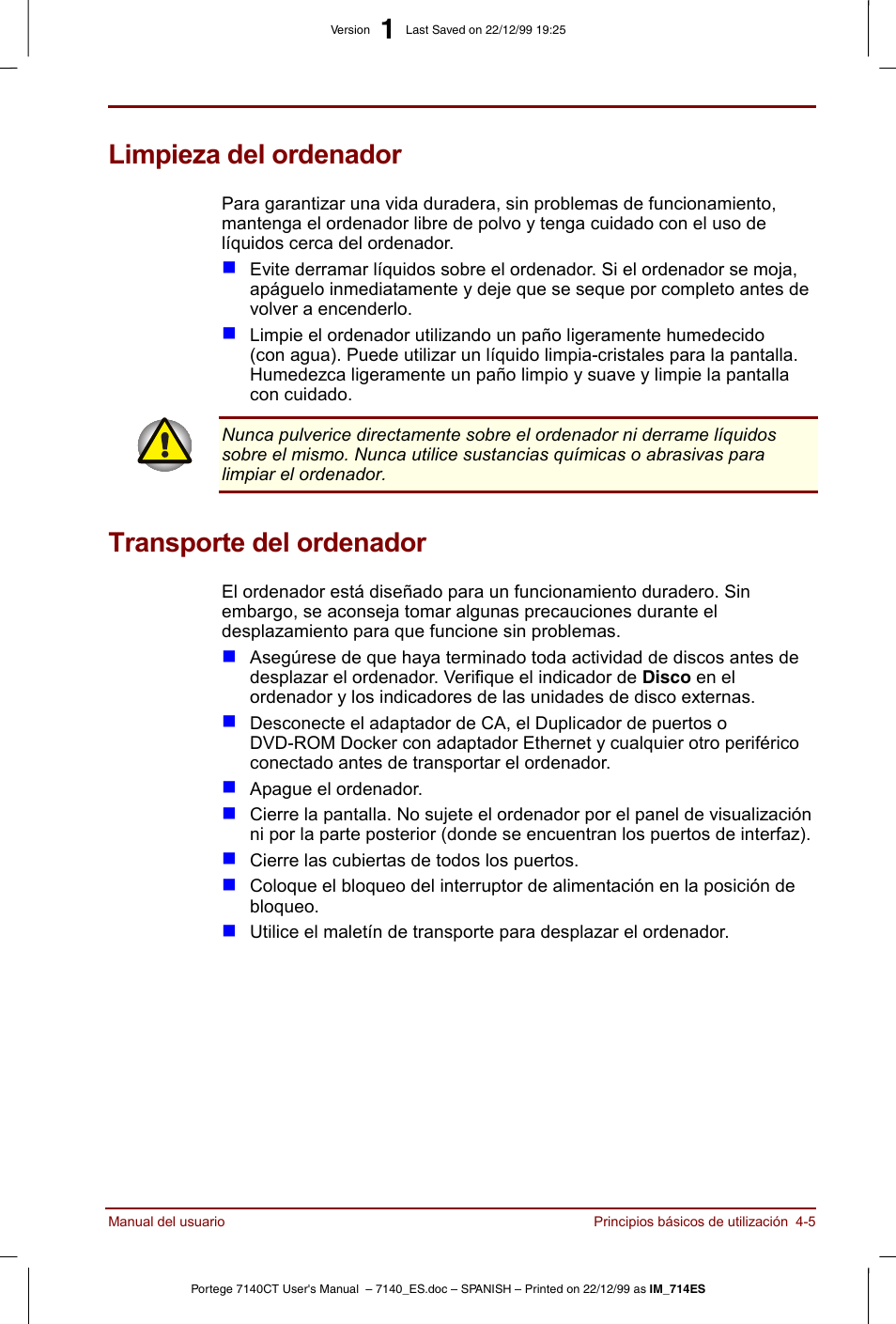 Limpieza del ordenador, Transporte del ordenador | Toshiba Portege 7140 User Manual | Page 61 / 204