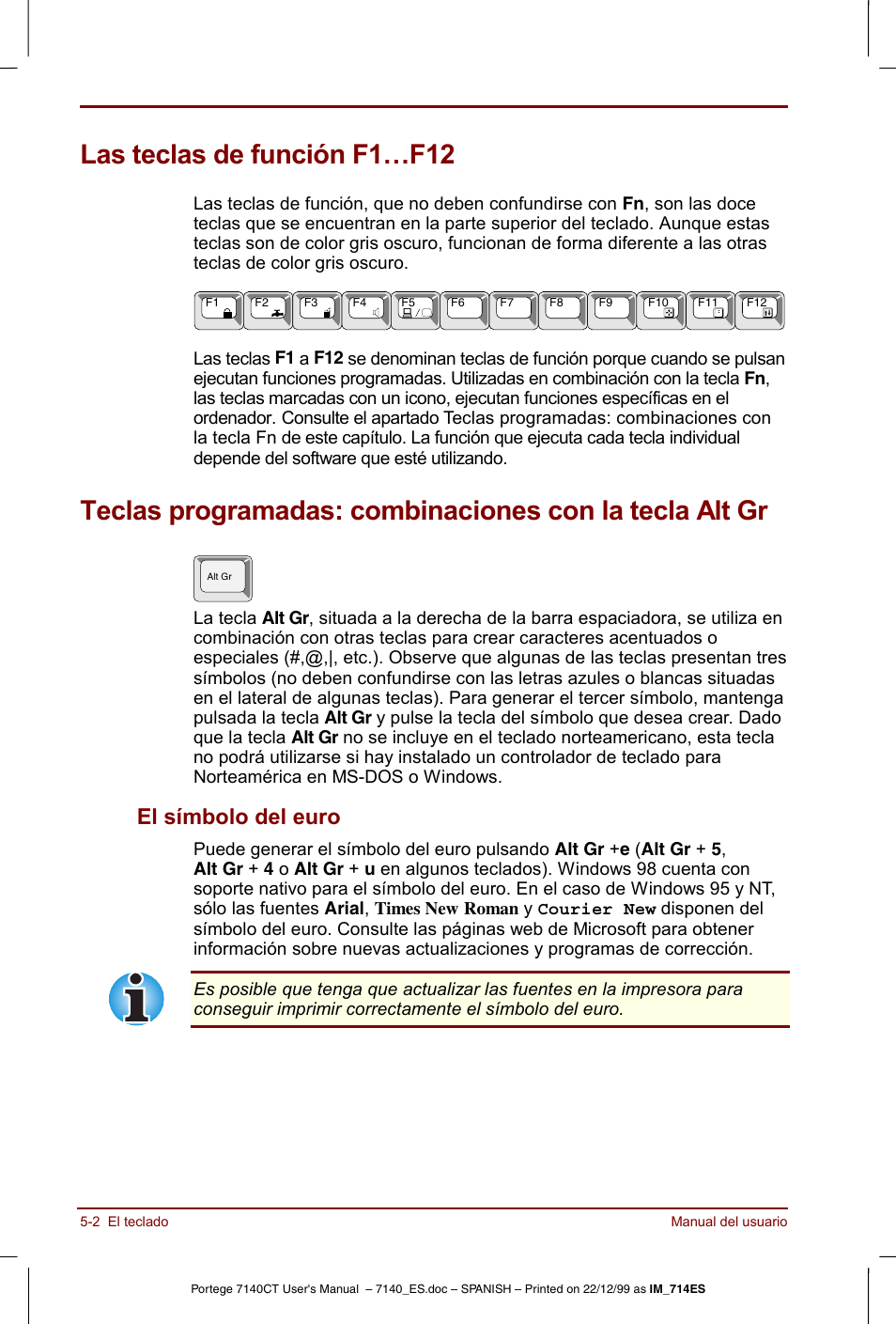 Las teclas de función f1…f12, El símbolo del euro -2, El símbolo del euro | Toshiba Portege 7140 User Manual | Page 64 / 204