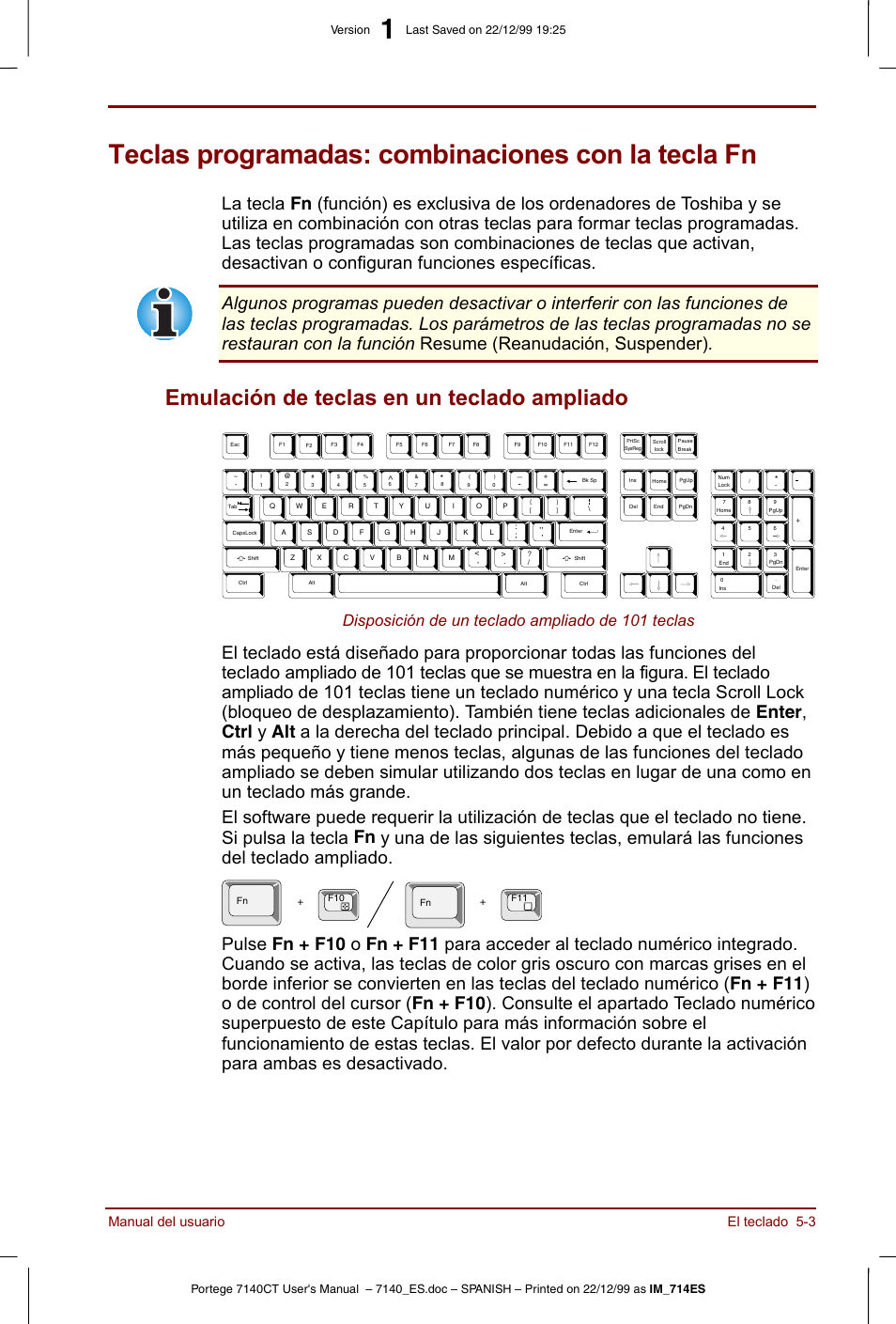 Teclas programadas: combinaciones con la tecla fn, Emulación de teclas en un teclado ampliado -3, Emulación de teclas en un teclado ampliado | Disposición de un teclado ampliado de 101 teclas, Manual del usuario el teclado 5-3 | Toshiba Portege 7140 User Manual | Page 65 / 204