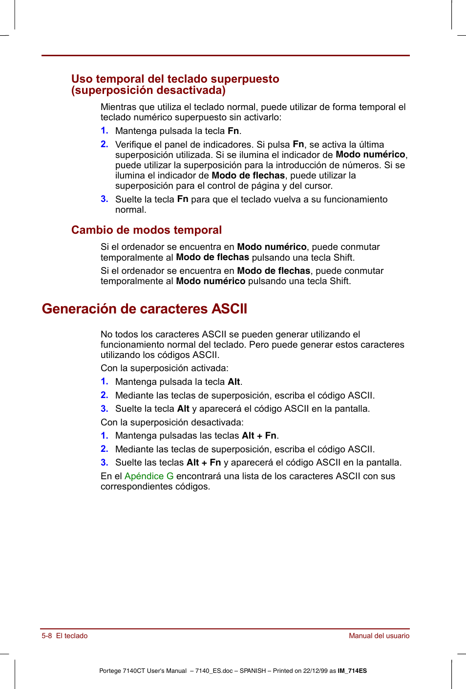 Generación de caracteres ascii, Generación de caracteres ascii -8, Cambio de modos temporal | Toshiba Portege 7140 User Manual | Page 70 / 204