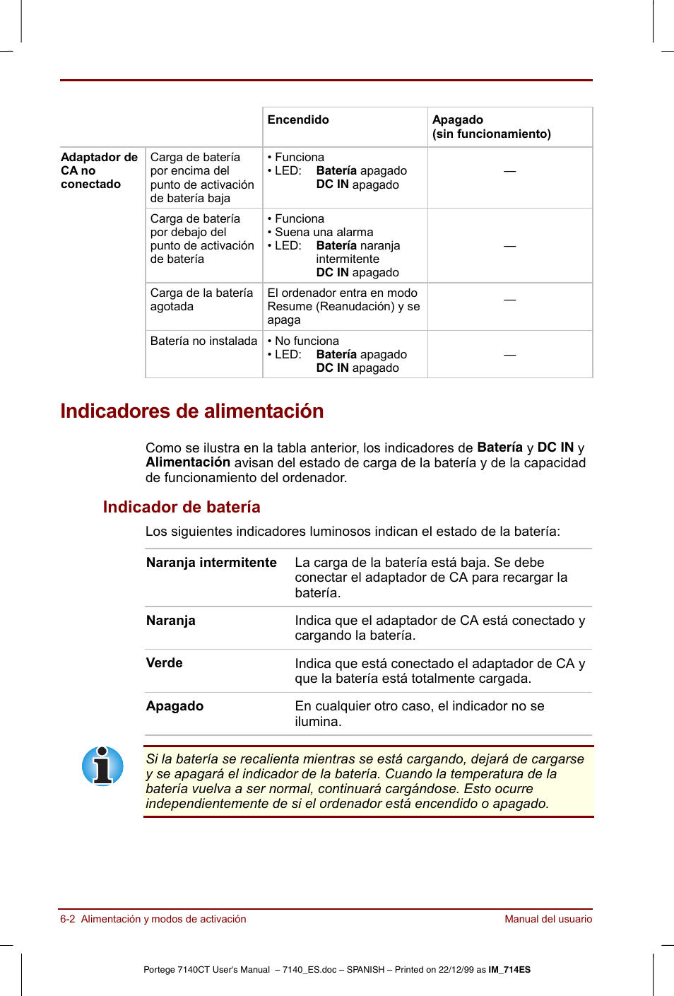 Indicadores de alimentación, Indicadores de alimentación -2, Indicador de batería -2 | Indicador de batería | Toshiba Portege 7140 User Manual | Page 72 / 204