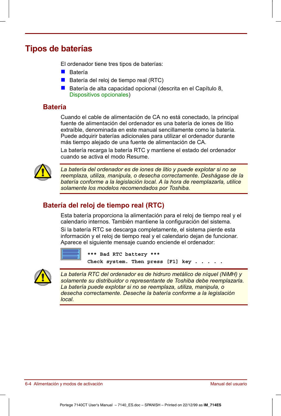 Tipos de baterías, Tipos de baterías -4, Batería | Batería del reloj de tiempo real (rtc) | Toshiba Portege 7140 User Manual | Page 74 / 204