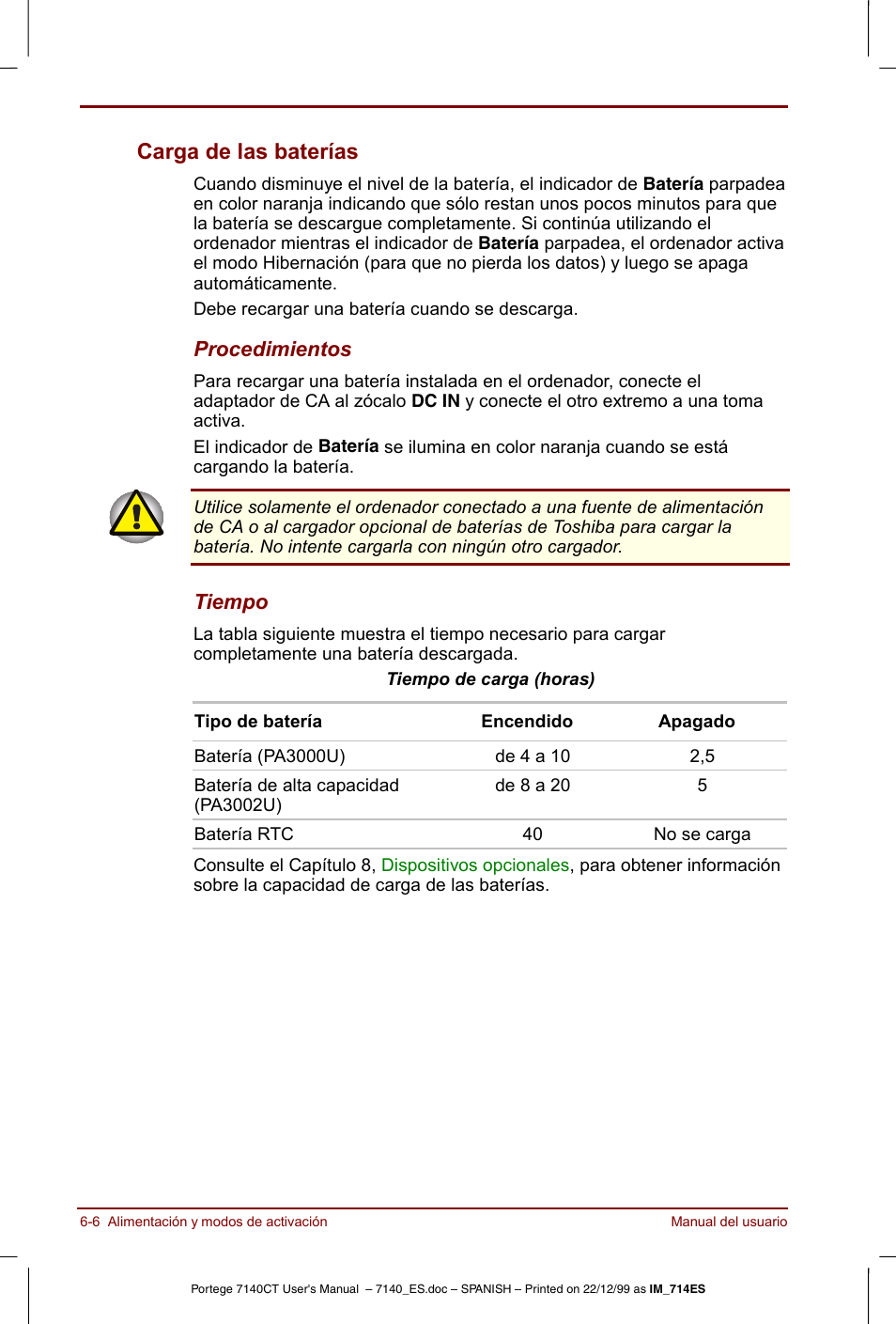 Carga de las baterías -6, Carga de las baterías | Toshiba Portege 7140 User Manual | Page 76 / 204