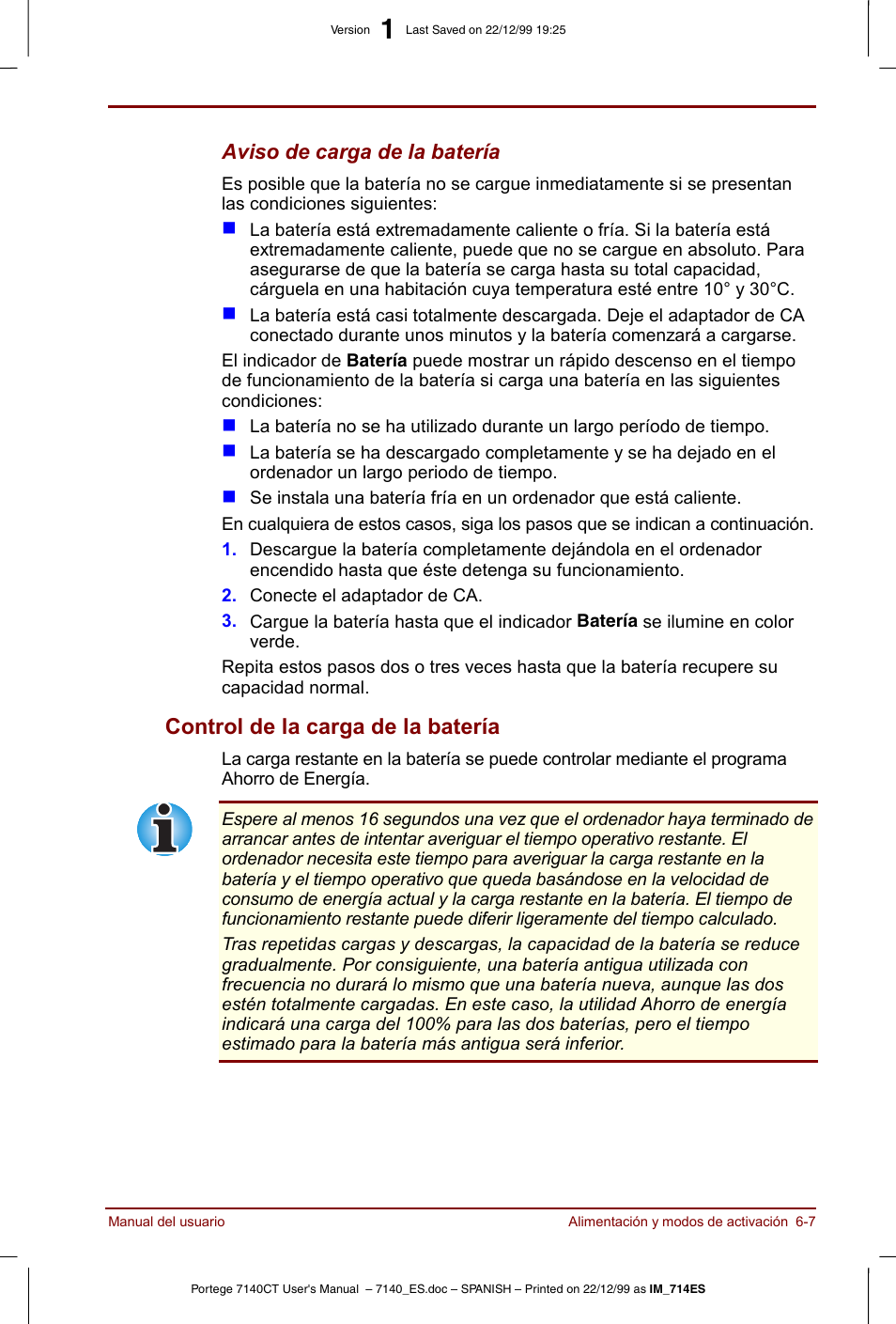 Control de la carga de la batería -7, Control de la carga de la batería | Toshiba Portege 7140 User Manual | Page 77 / 204