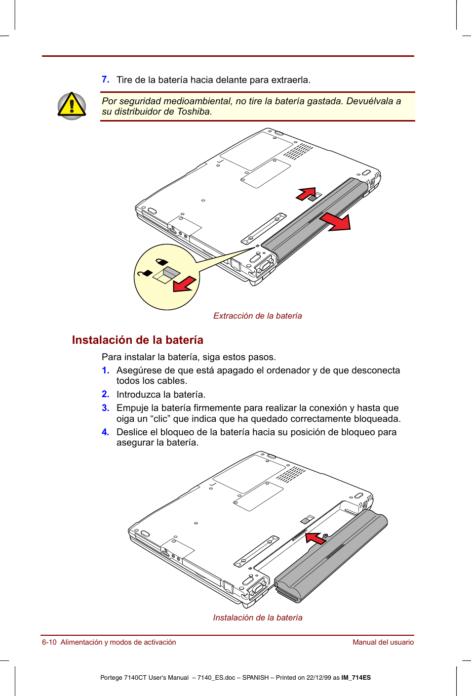 Instalación de la batería -10, Instalación de la batería | Toshiba Portege 7140 User Manual | Page 80 / 204