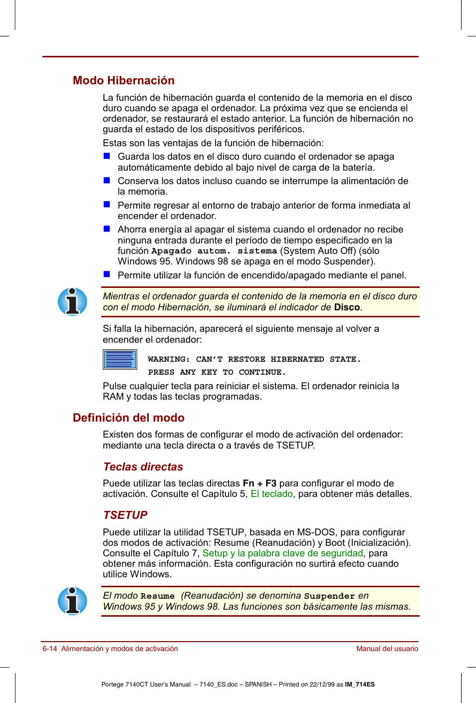 Modo hibernación -14 definición del modo -14, Modo hibernación, Definición del modo | Toshiba Portege 7140 User Manual | Page 84 / 204