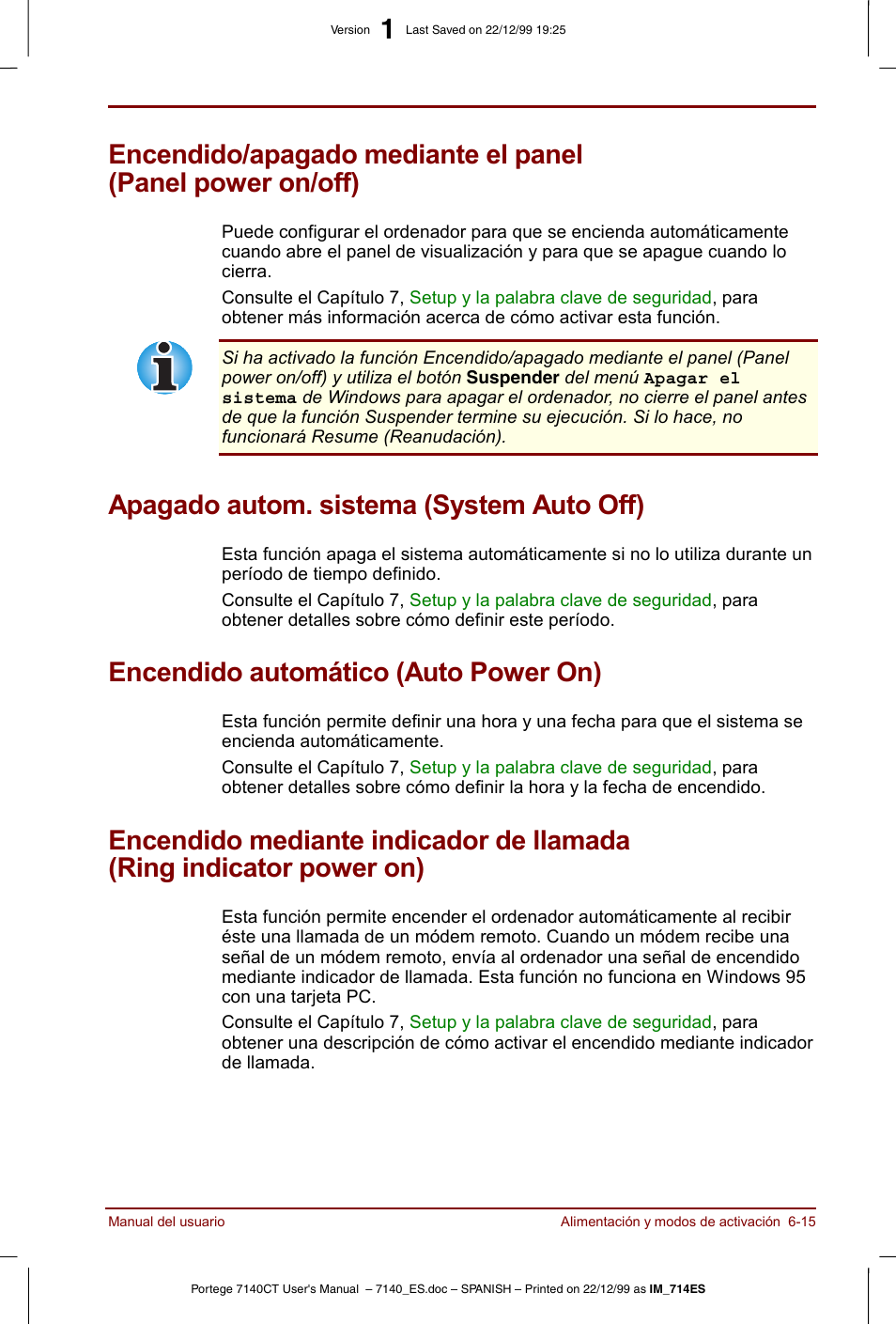 Apagado autom. sistema (system auto off), Encendido automático (auto power on) | Toshiba Portege 7140 User Manual | Page 85 / 204