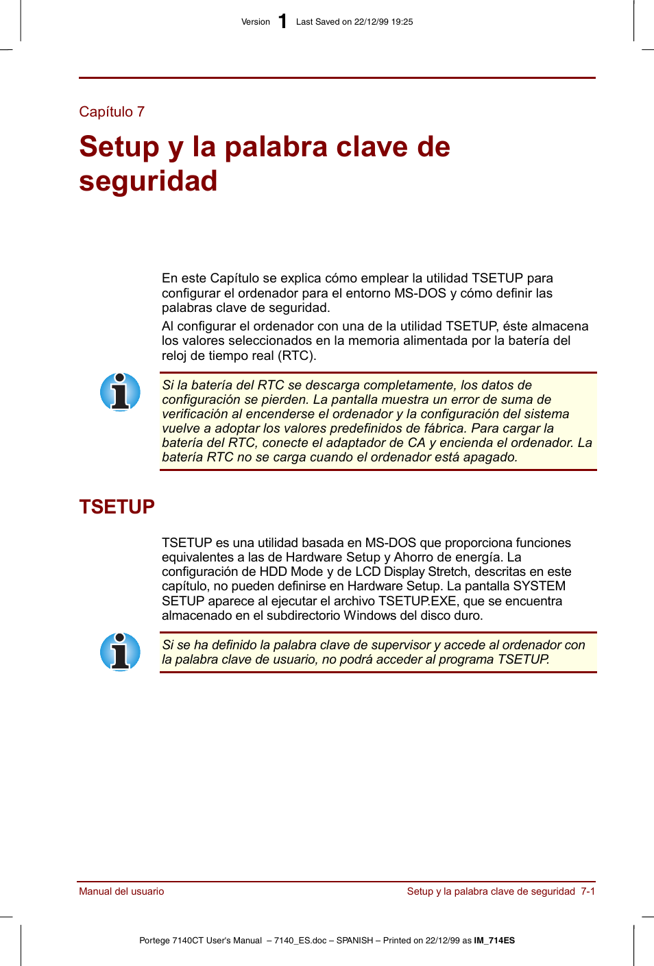 Capítulo 7, Setup y la palabra clave de seguridad, Tsetup | Capítulo 7 setup y la palabra clave de seguridad, Tsetup -1, Setup y la palabra clave de, Seguridad, Setup y la, Palabra clave de seguridad, Para | Toshiba Portege 7140 User Manual | Page 87 / 204