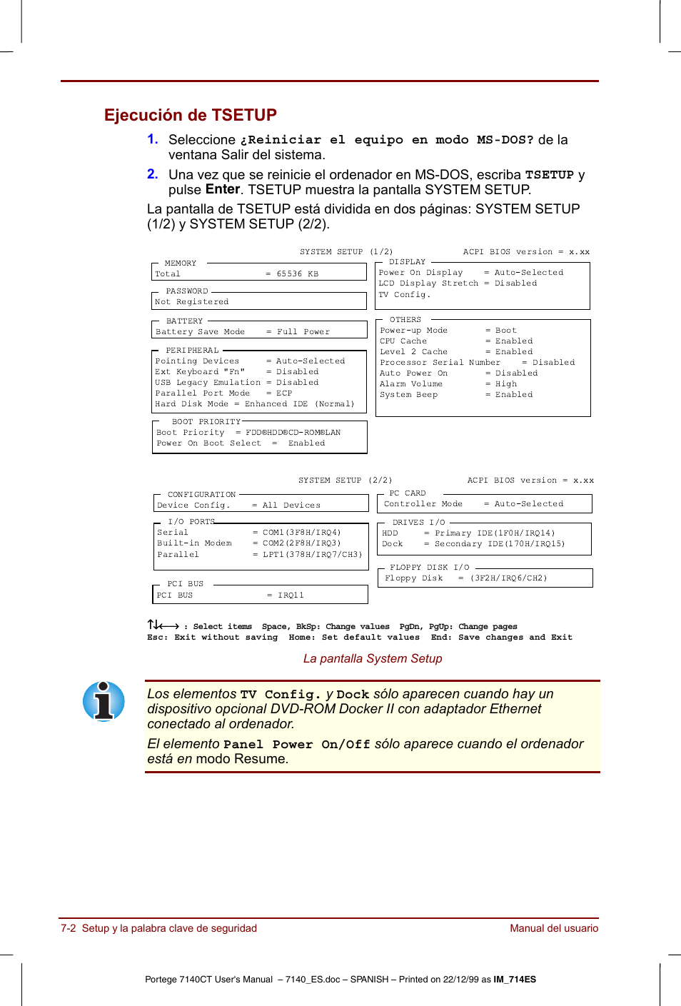 Ejecución de tsetup -2, Ejecución de tsetup, La pantalla system setup | Toshiba Portege 7140 User Manual | Page 88 / 204