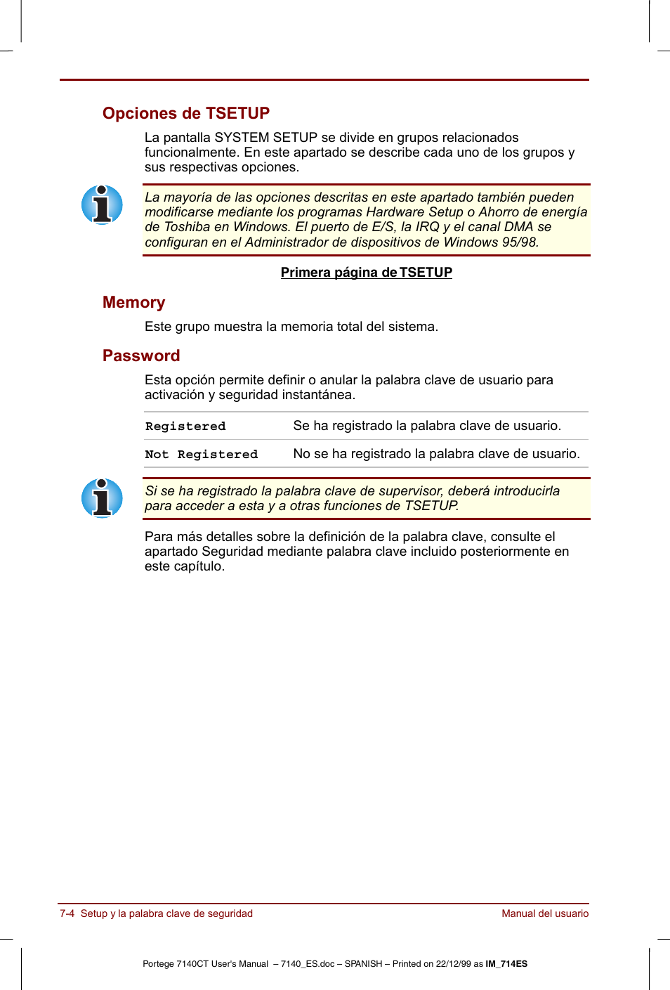 Opciones de tsetup -4 memory -4 password -4, Opciones de tsetup, Password | Toshiba Portege 7140 User Manual | Page 90 / 204
