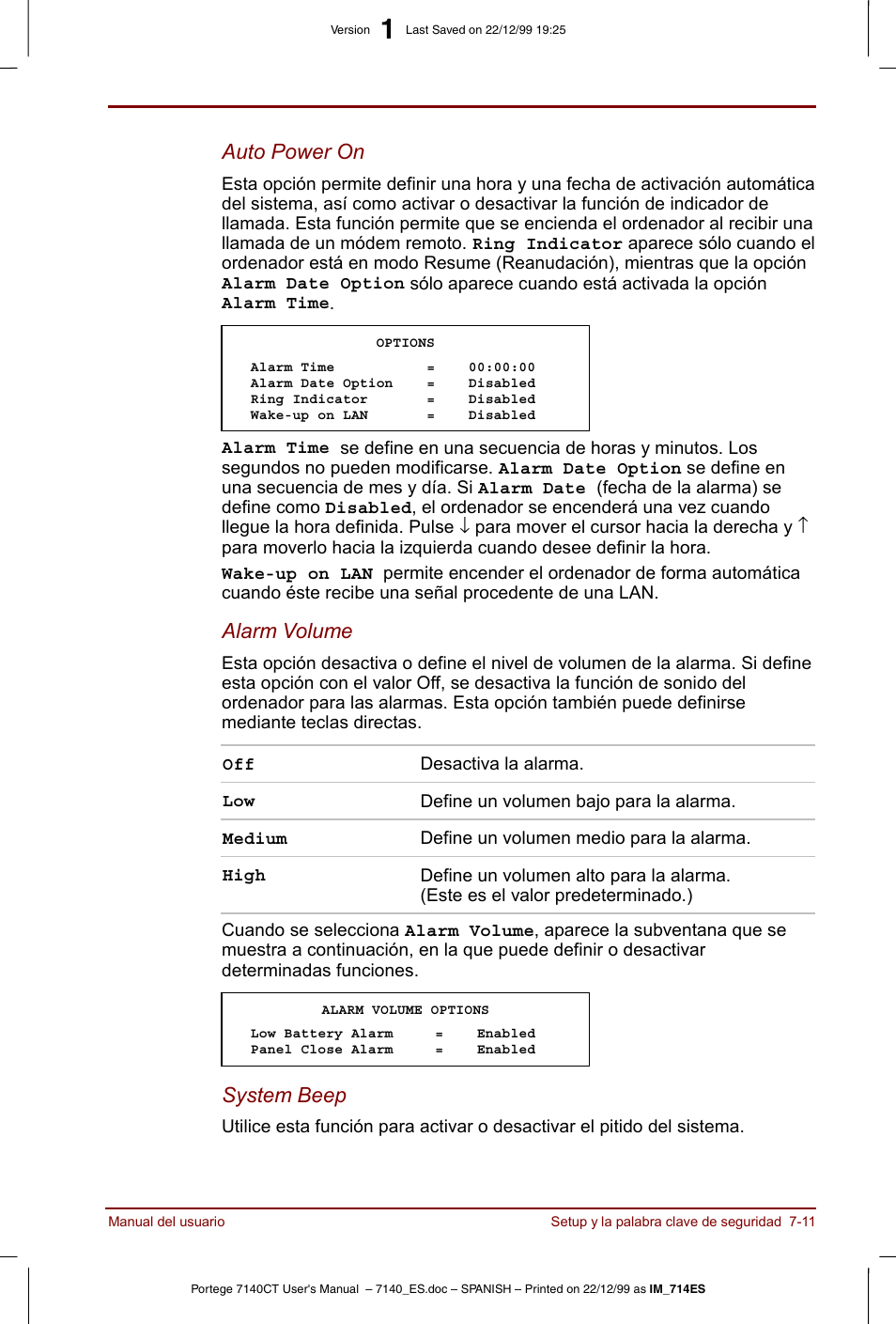 Auto power on, Alarm volume, System beep | Toshiba Portege 7140 User Manual | Page 97 / 204