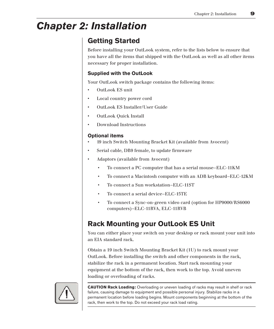 Getting started, Rack mounting your outlook es unit, Chapter 2: installation | Avocent 280ES User Manual | Page 15 / 64