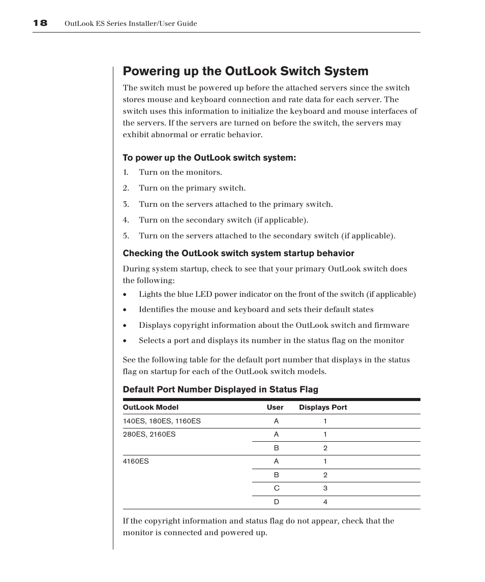 Powering up the outlook switch system | Avocent 280ES User Manual | Page 24 / 64