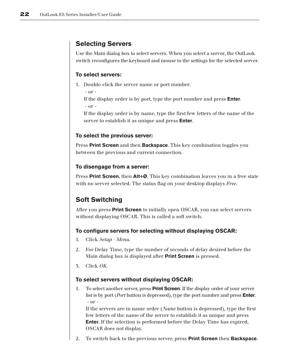 Selecting servers, Soft switching | Avocent 280ES User Manual | Page 28 / 64