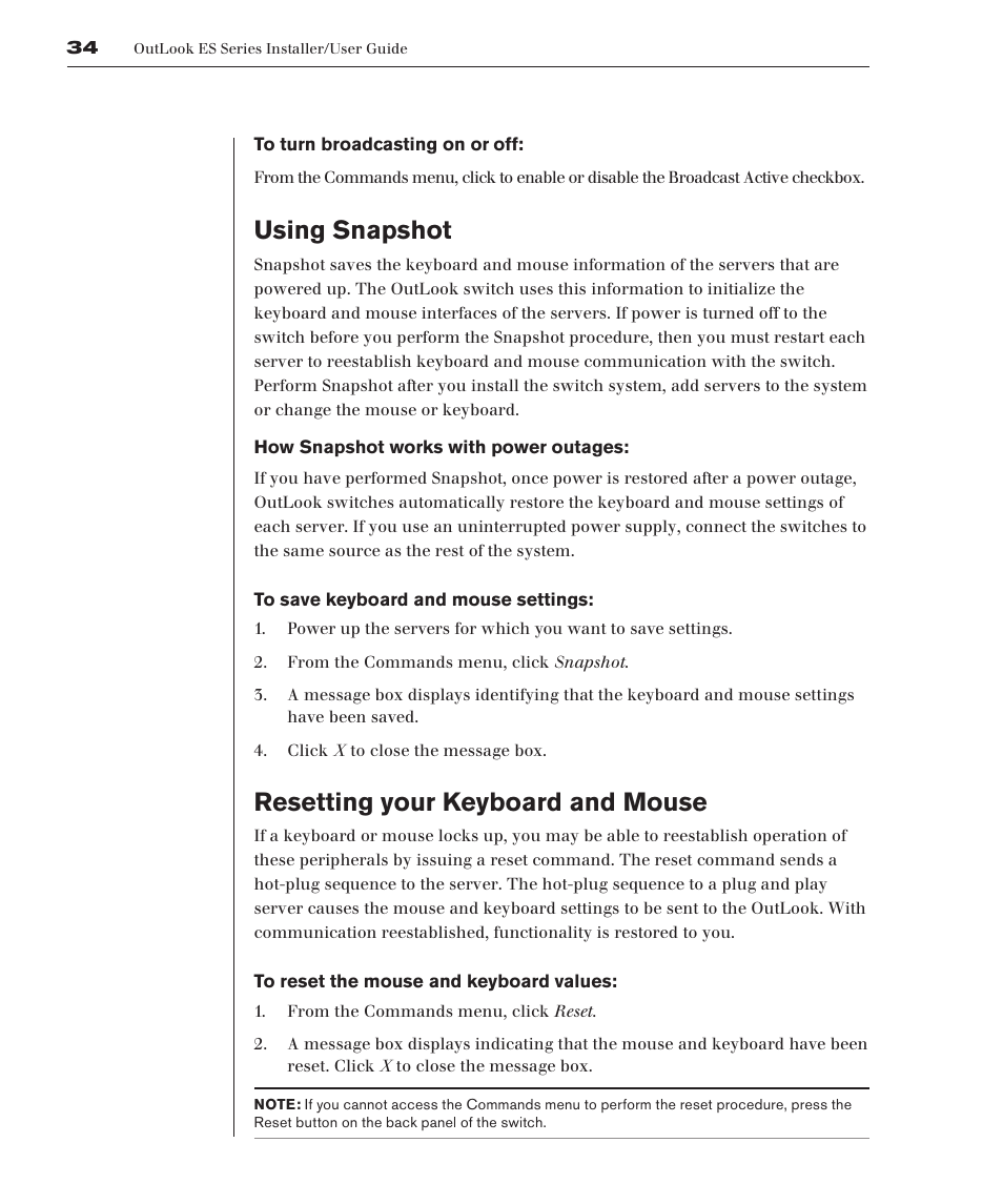 Using snapshot, Resetting your keyboard and mouse | Avocent 280ES User Manual | Page 40 / 64