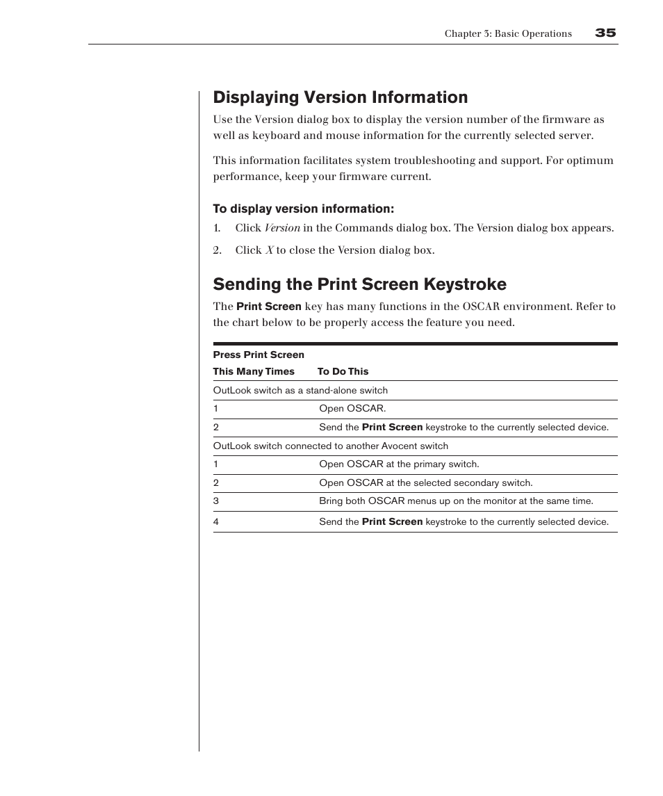 Displaying version information, Sending the print screen keystroke | Avocent 280ES User Manual | Page 41 / 64