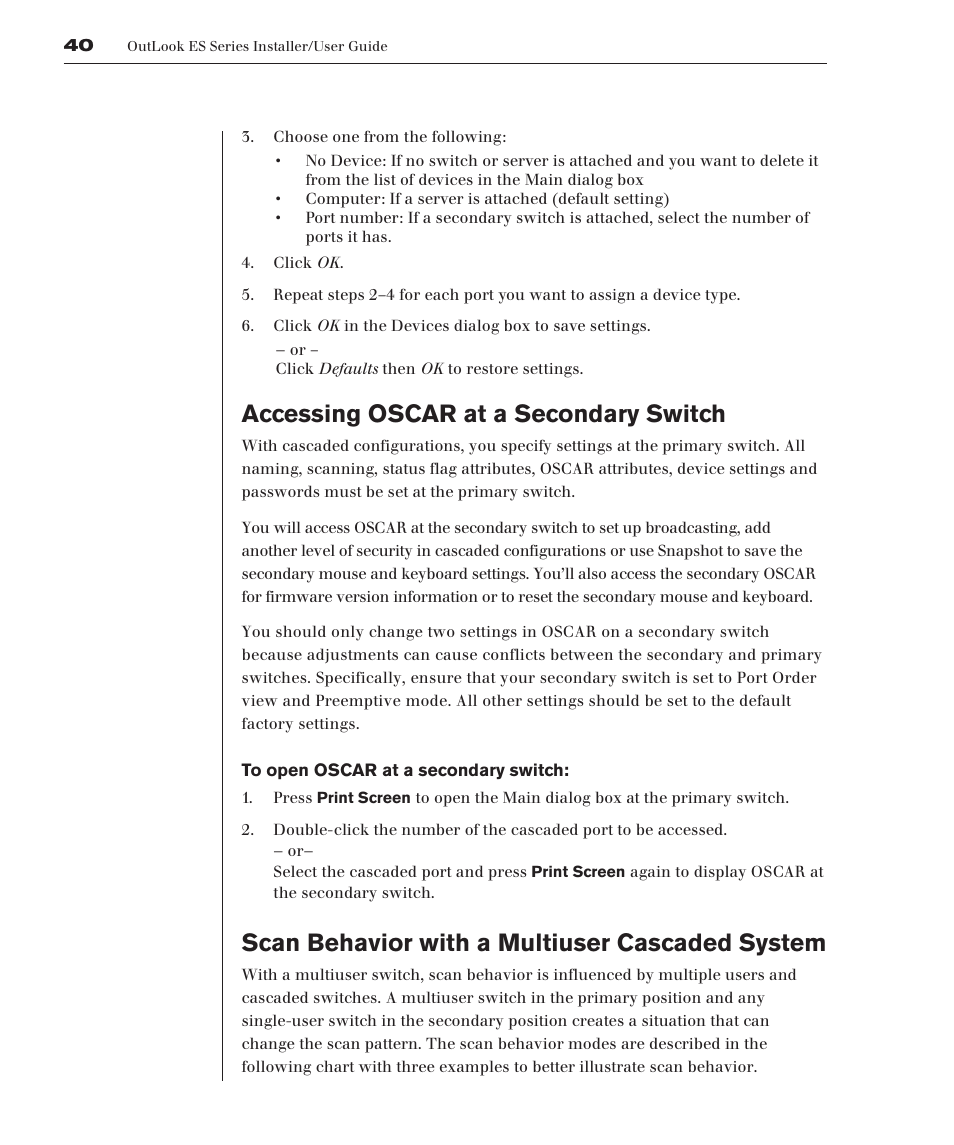 Accessing oscar at a secondary switch, Scan behavior with a multiuser cascaded system | Avocent 280ES User Manual | Page 46 / 64