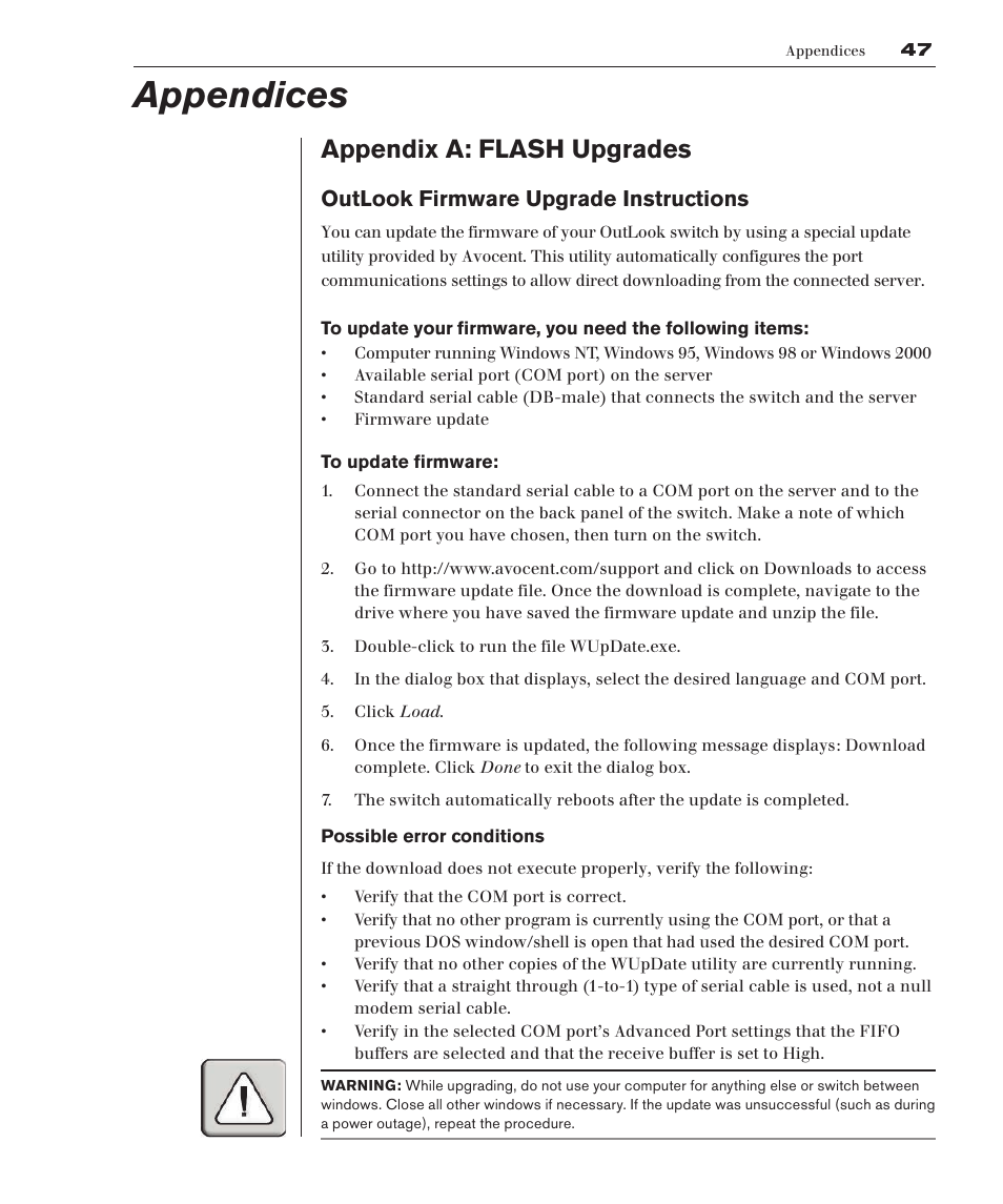 Appendix a: flash upgrades, Appendices, Outlook firmware upgrade instructions | Avocent 280ES User Manual | Page 53 / 64