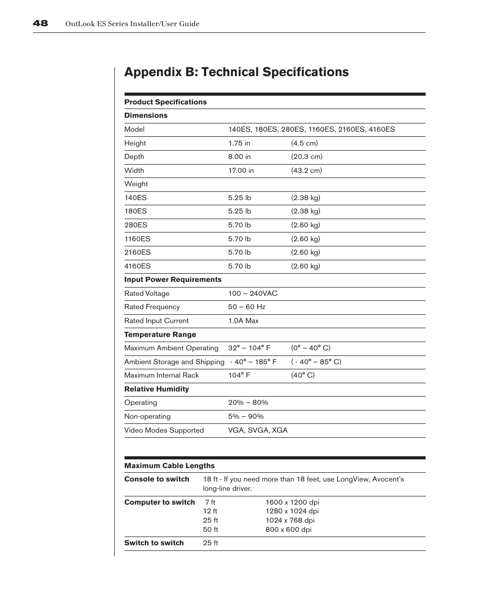 Appendix b: technical specifications | Avocent 280ES User Manual | Page 54 / 64