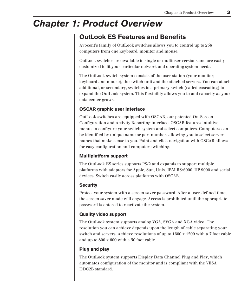 Outlook es features and benefits, Chapter 1: product overview | Avocent 280ES User Manual | Page 9 / 64