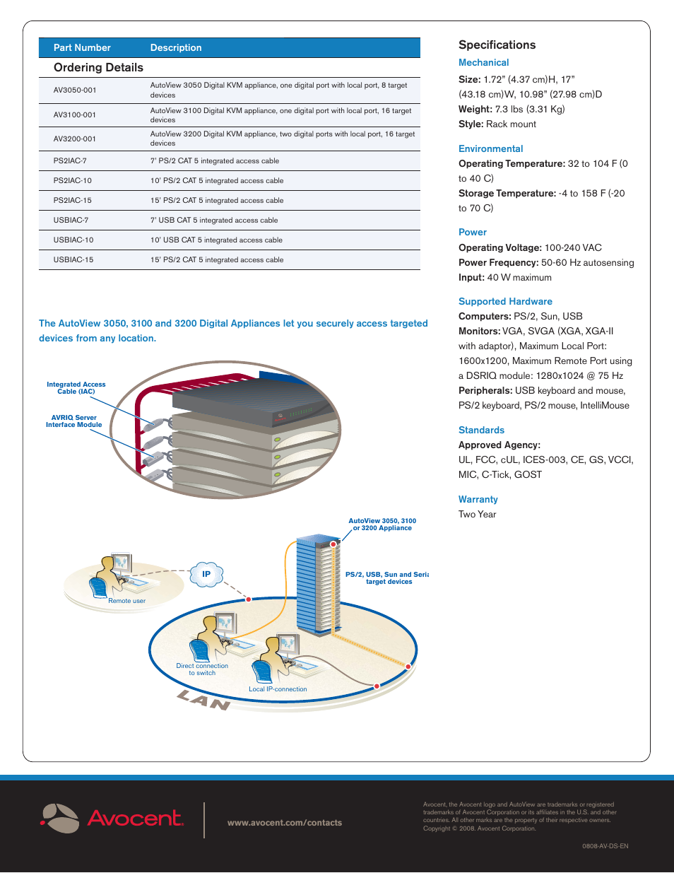 Specifi cations, Ordering details | Avocent AutoView 3100 User Manual | Page 2 / 2