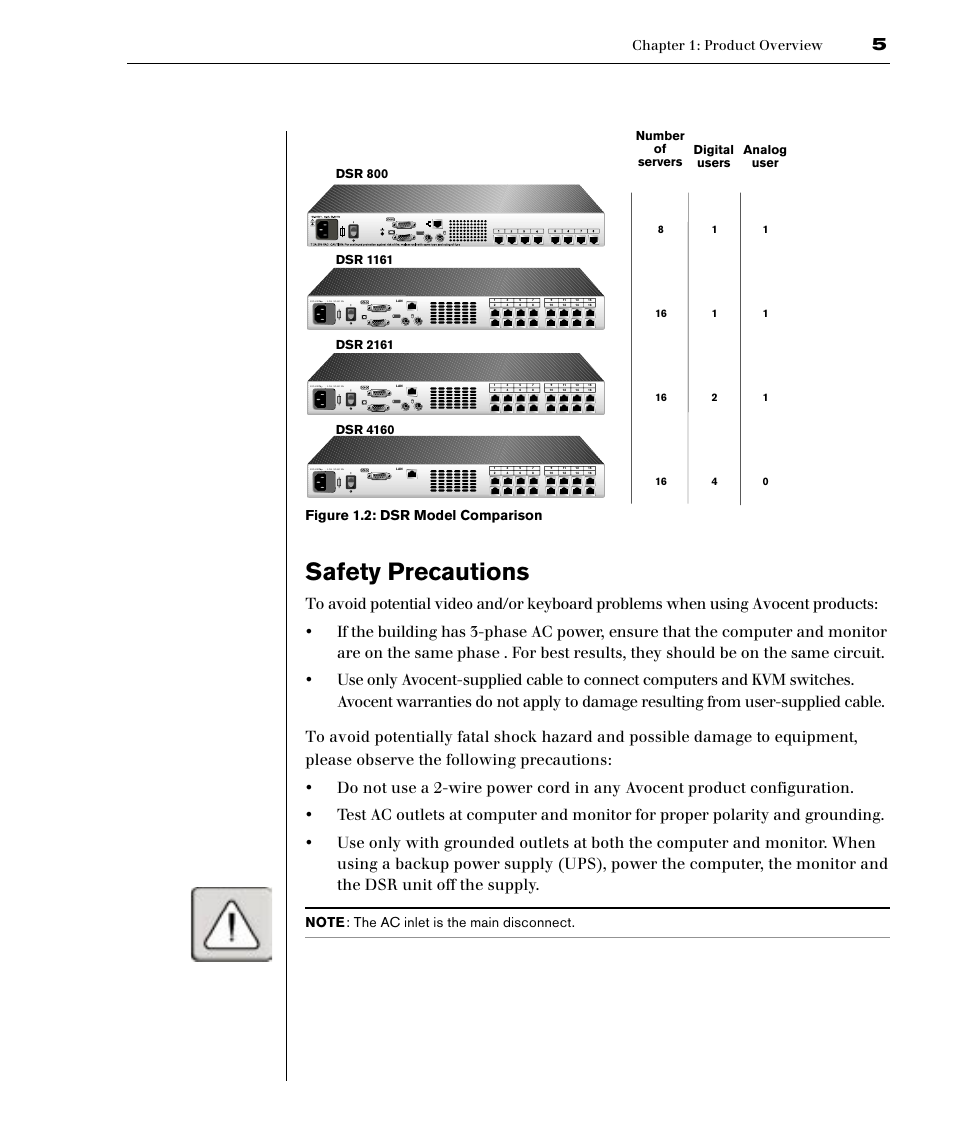 Safety precautions, Figure 1.2: dsr model comparison, Dsr 800 | Avocent DSR1161 User Manual | Page 11 / 48