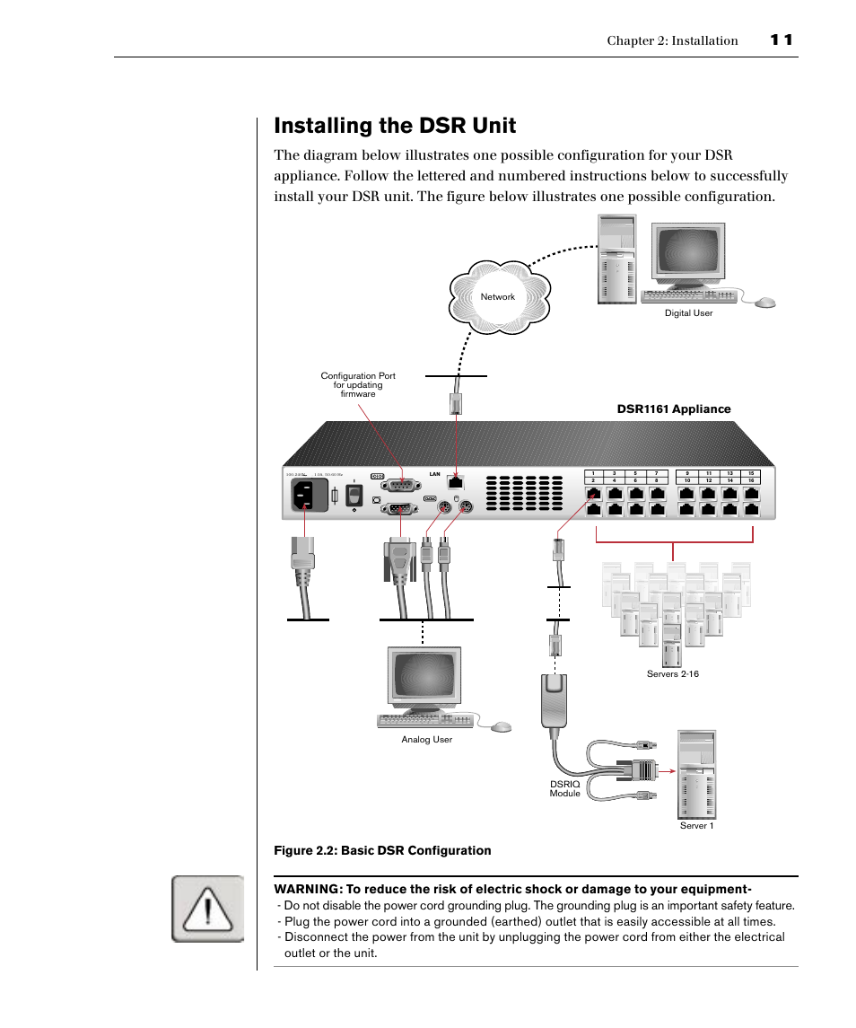 Installing the dsr unit, Dsr installer/user guide chapter 2: installation, Dsr1161 appliance | Avocent DSR1161 User Manual | Page 17 / 48
