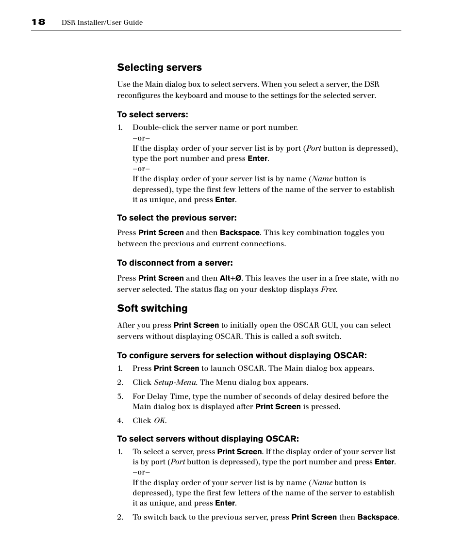 Selecting servers, Soft switching | Avocent DSR1161 User Manual | Page 24 / 48