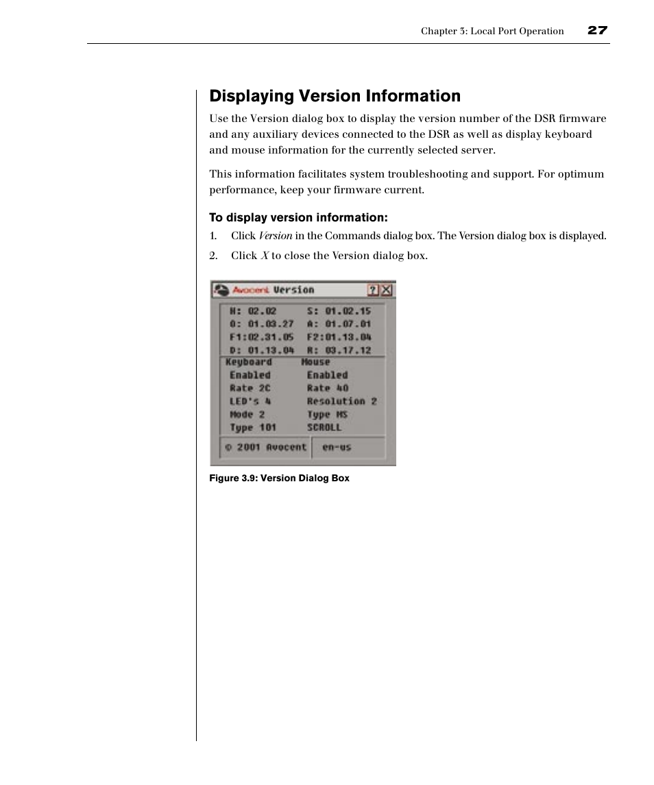Displaying version information | Avocent DSR1161 User Manual | Page 33 / 48