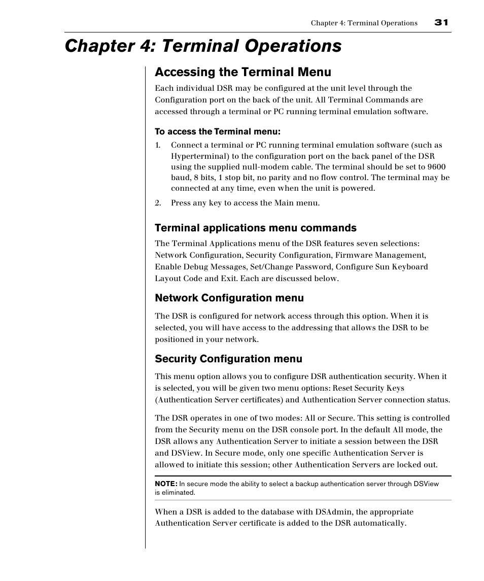 Terminal operations, Accessing the terminal menu, Chapter 4: terminal operations | Terminal applications menu commands, Network configuration menu, Security configuration menu | Avocent DSR1161 User Manual | Page 37 / 48