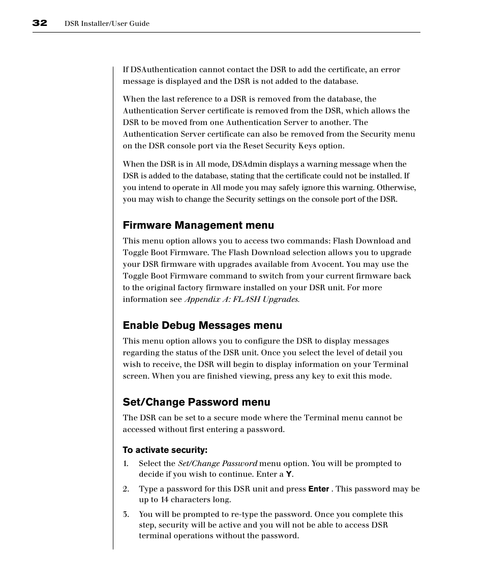 Firmware management menu, Enable debug messages menu, Set/change password menu | Avocent DSR1161 User Manual | Page 38 / 48