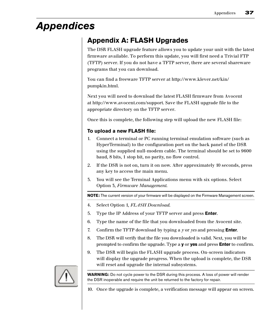 Appendices, Appendix a: flash upgrades | Avocent DSR1161 User Manual | Page 43 / 48