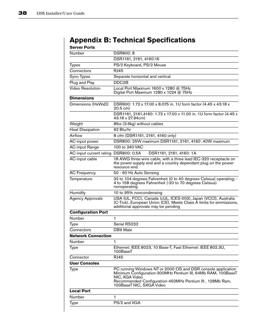 Appendix b: technical specifications | Avocent DSR1161 User Manual | Page 44 / 48