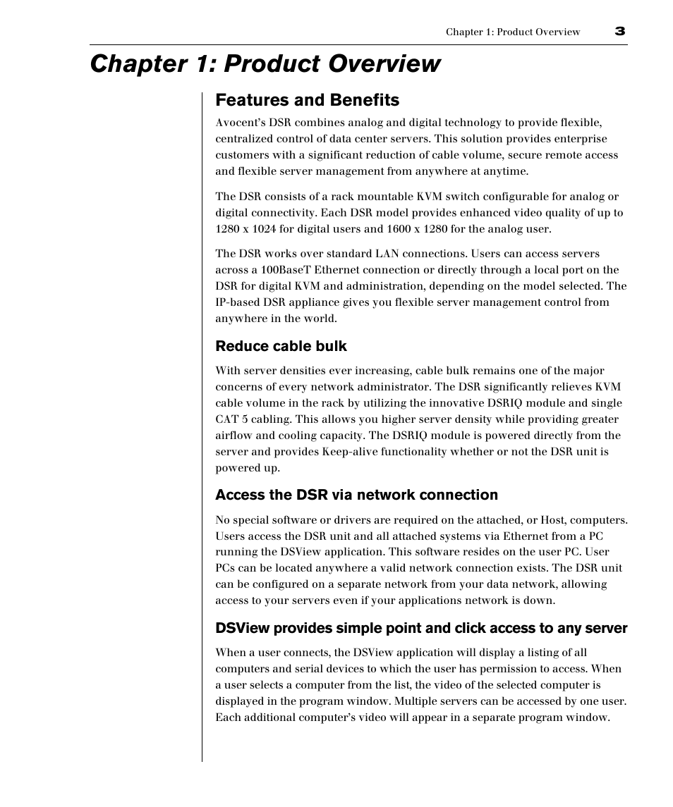 Product overview, Features and benefits, Chapter 1: product overview | Avocent DSR1161 User Manual | Page 9 / 48