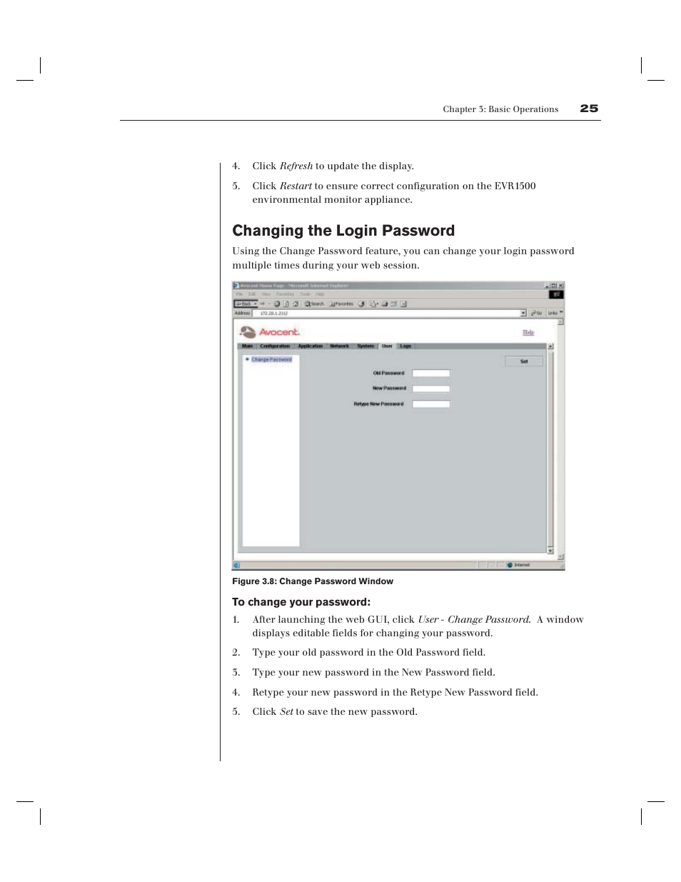 Changing the login password | Avocent EVR1500-AM User Manual | Page 28 / 79
