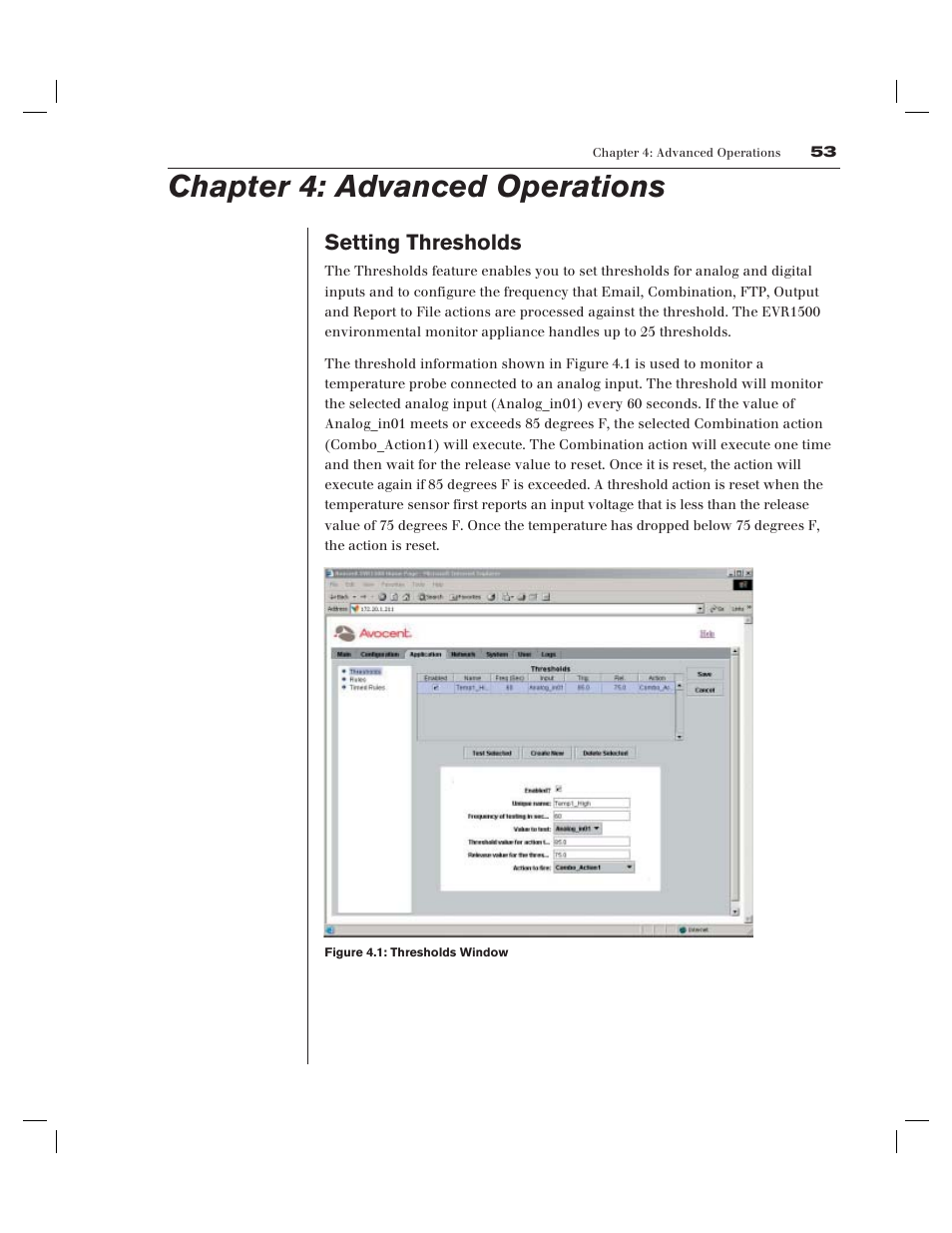 Chapter 4: advanced operations, Setting thresholds | Avocent EVR1500-AM User Manual | Page 55 / 79