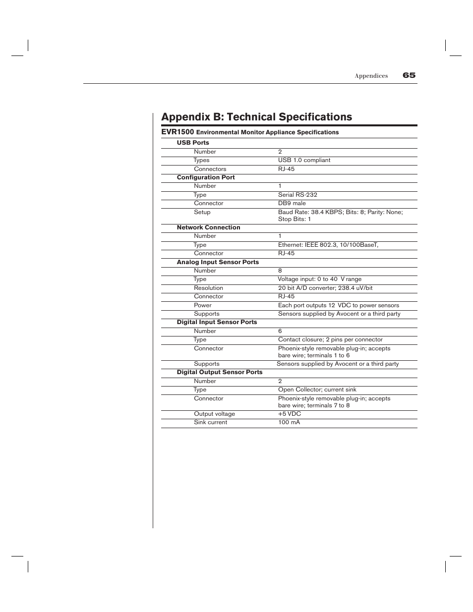 Appendix b: technical specifications | Avocent EVR1500-AM User Manual | Page 66 / 79