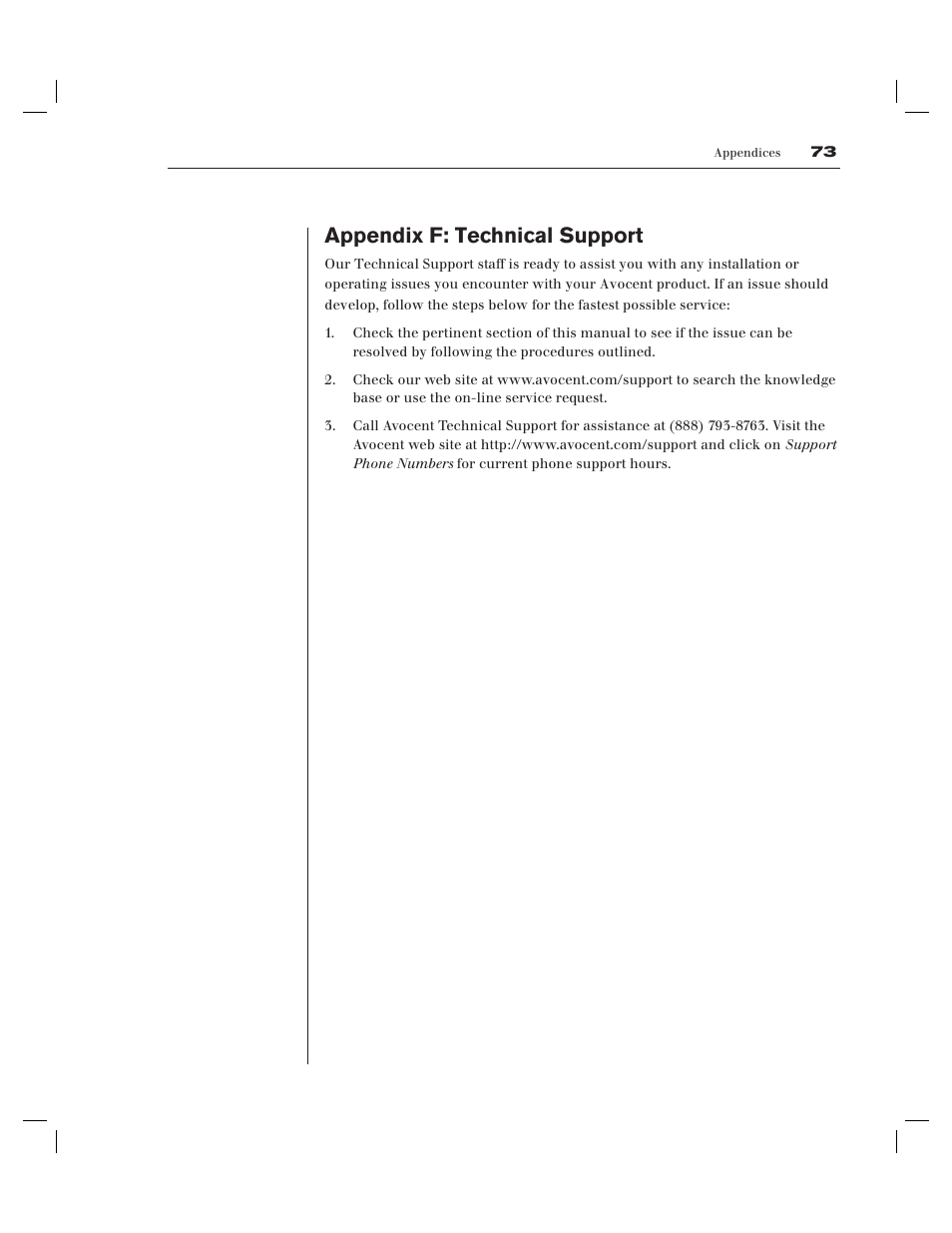 Appendix f: technical support | Avocent EVR1500-AM User Manual | Page 74 / 79