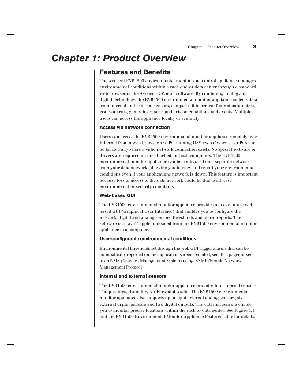 Chapter 1: product overview, Features and benefits | Avocent EVR1500-AM User Manual | Page 8 / 79