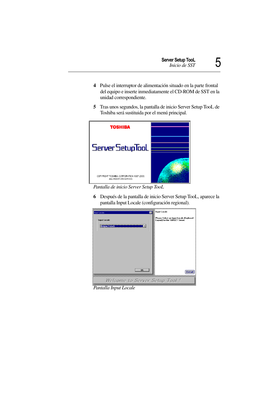 Pantalla de inicio server setup tool, Pantalla input locale | Toshiba Magnia 3310 User Manual | Page 10 / 135