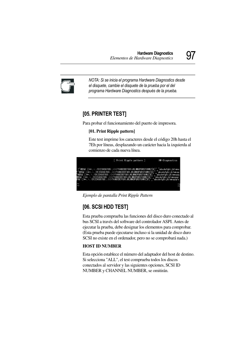 Printer test, Ejemplo de pantalla print ripple pattern, Scsi hdd test | Toshiba Magnia 3310 User Manual | Page 102 / 135